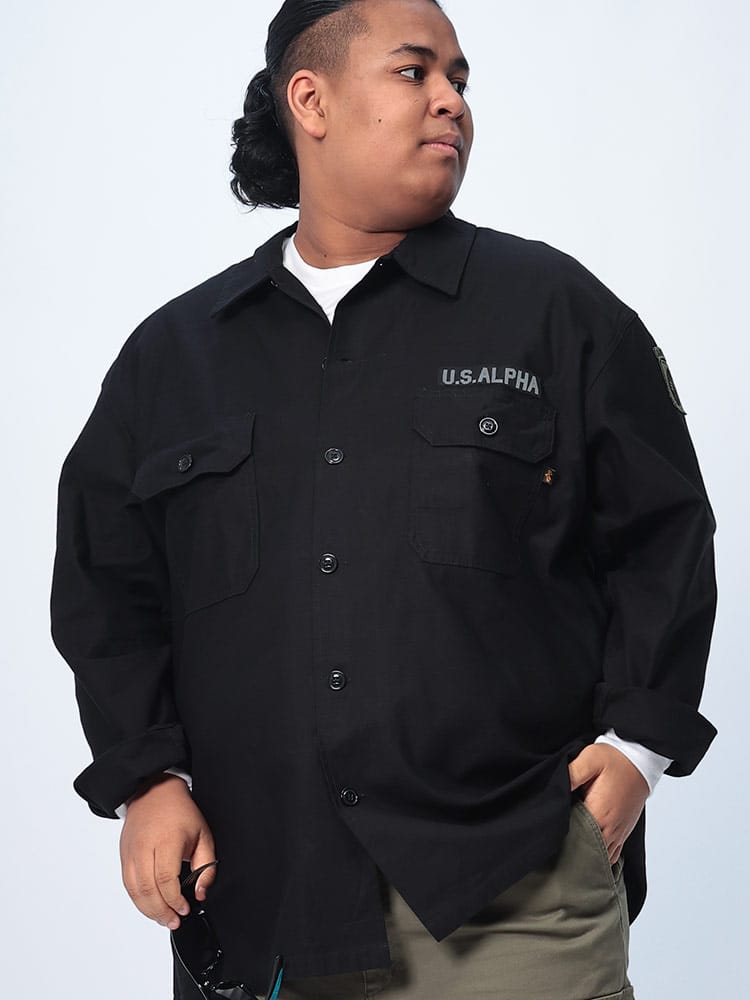 長袖 シャツ バックデザイン ポケット EMBROIDERY UTILITY SHIRT トップス ミリタリー 大きいサイズ メンズ