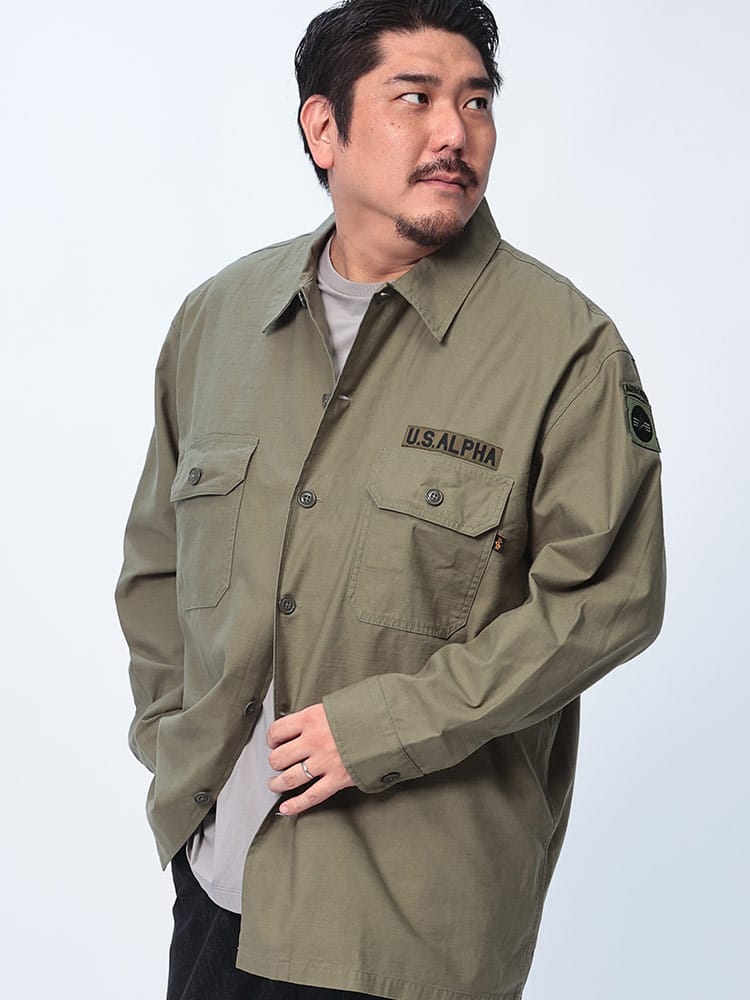 長袖 シャツ バックデザイン ポケット EMBROIDERY UTILITY SHIRT トップス ミリタリー 大きいサイズ メンズ