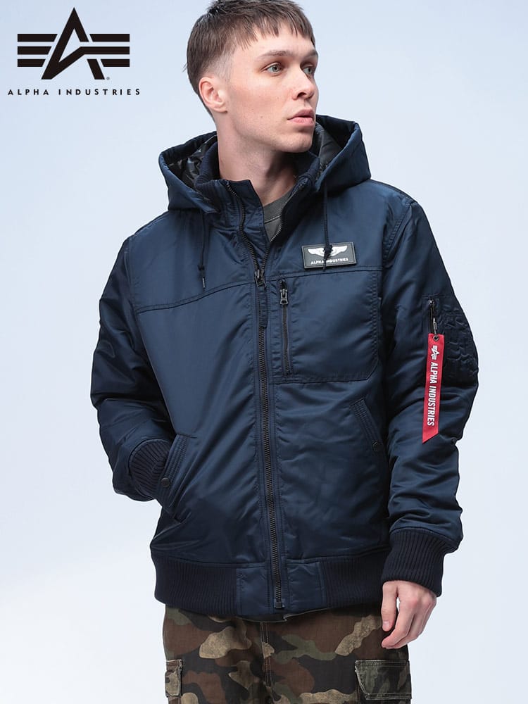 ALPHA INDUSTRIES INC (アルファインダストリーズ) THERMOLITE フード着脱 リブ フルジップ 中綿 ジャケット TA1716001