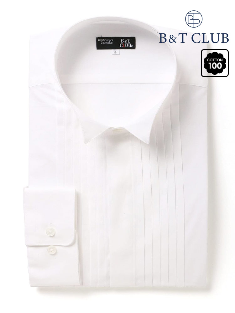 大きいサイズ メンズ B＆T CLUB (ビーアンドティークラブ) 日本製 綿100％ ウイングカラー 長袖 ワイシャツ カッターシャツ ピンタック有り