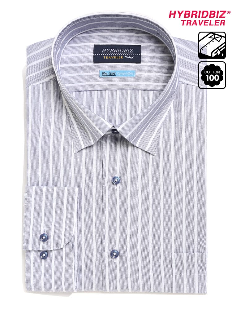 大きいサイズ メンズ HYBRIDBIZ (ハイブリッドビズ) 超形態安定 Re-Set 綿100％ スナップダウン 長袖 ワイシャツ カッターシャツ RELAX BODY