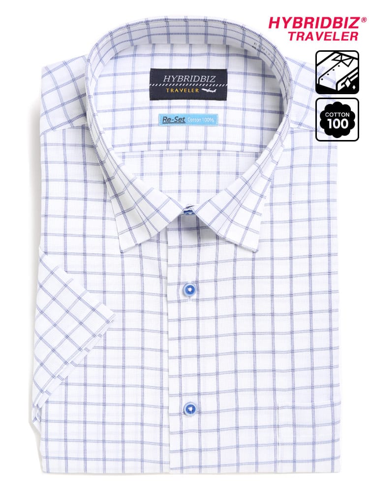 大きいサイズ メンズ HYBRIDBIZ (ハイブリッドビズ) 超形態安定 綿100％ スナップダウン 半袖 ワイシャツ カッターシャツ RELAX BODY