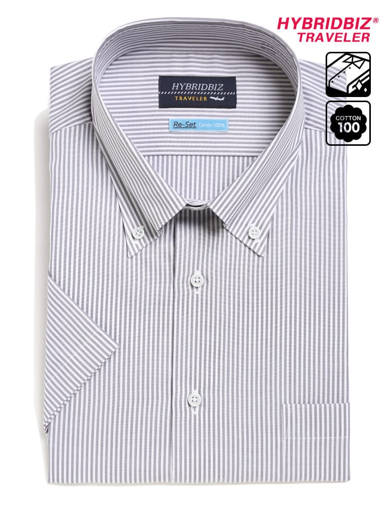 大きいサイズ メンズ HYBRIDBIZ (ハイブリッドビズ) 超形態安定 綿100％ ボタンダウン 半袖 ワイシャツ カッターシャツ RELAX BODY