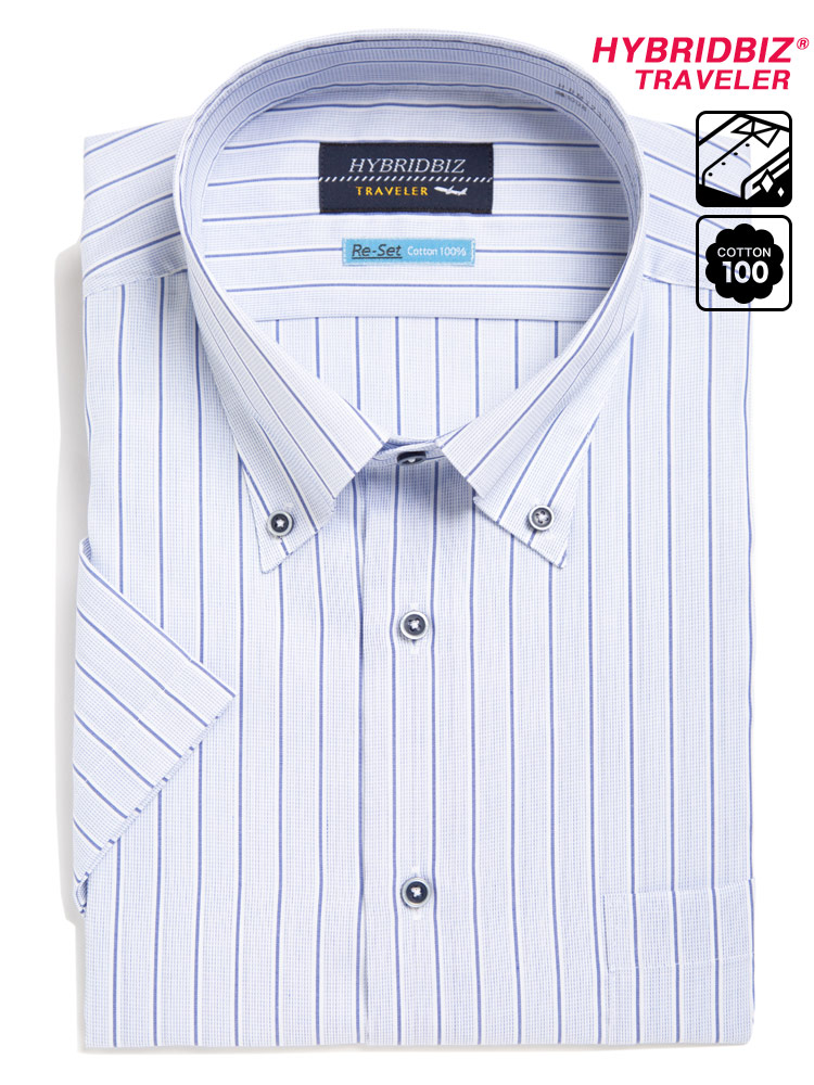 大きいサイズ メンズ HYBRIDBIZ (ハイブリッドビズ) 超形態安定 綿100％ ボタンダウン 半袖 ワイシャツ カッターシャツ RELAX BODY