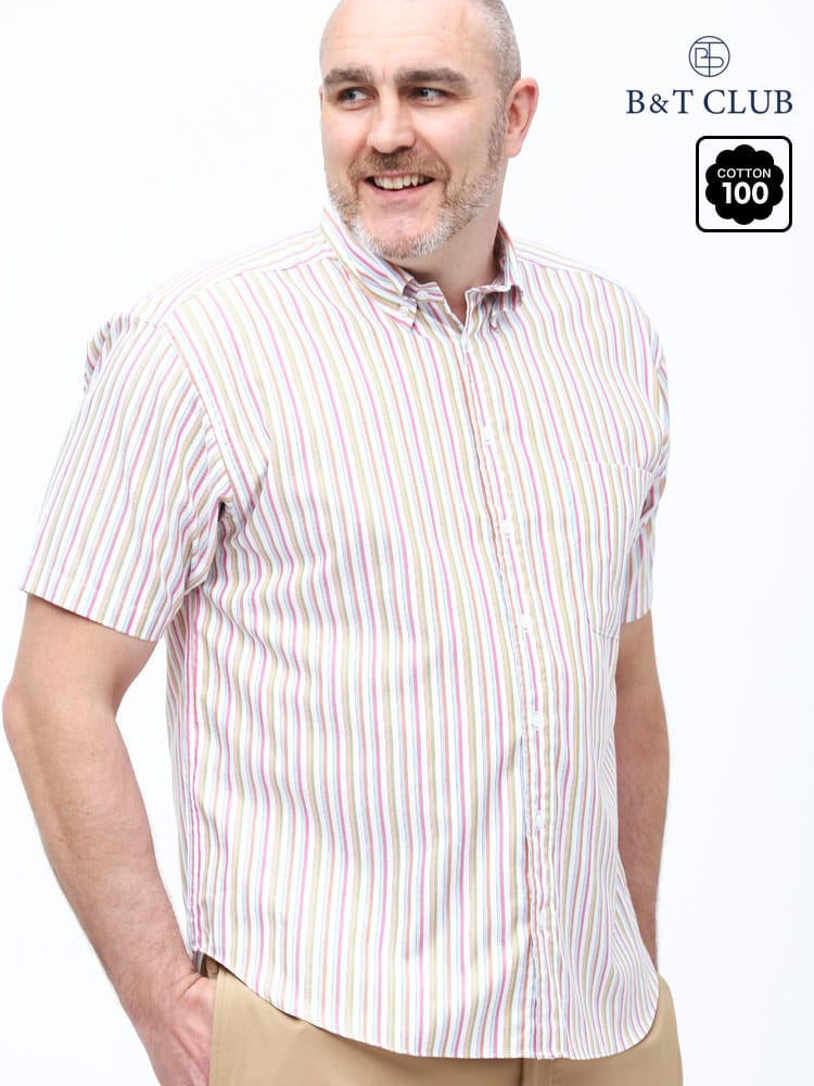 大きいサイズ メンズ B＆T CLUB (ビーアンドティークラブ) 綿100％ マルチストライプ ボタンダウン 半袖 シャツ