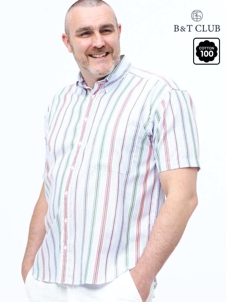 大きいサイズ メンズ B＆T CLUB (ビーアンドティークラブ) 綿100％ マルチストライプ ボタンダウン 半袖 シャツ