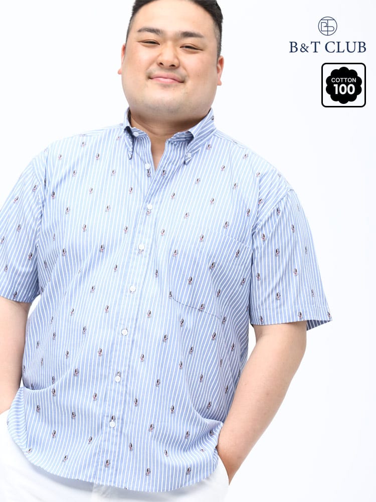 大きいサイズ メンズ B＆T CLUB (ビーアンドティークラブ) 綿100％ アニマルモチーフ ボタンダウン 半袖 シャツ