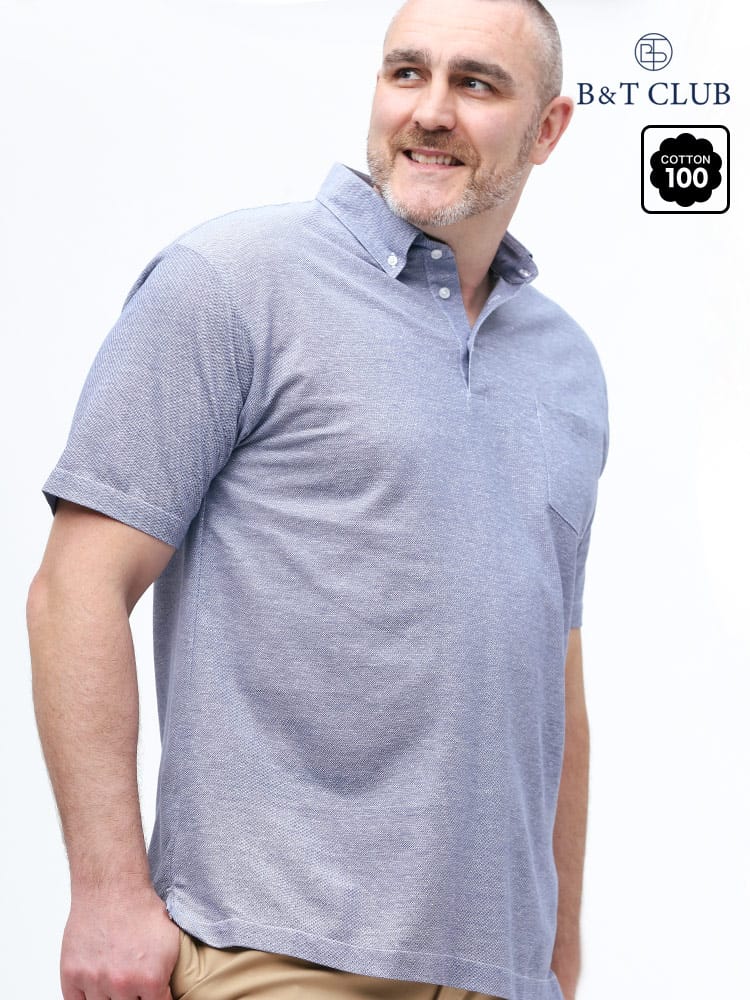 大きいサイズ メンズ B＆T CLUB (ビーアンドティークラブ) 麻混 鹿の子 無地 ボタンダウン 半袖 ポロシャツ
