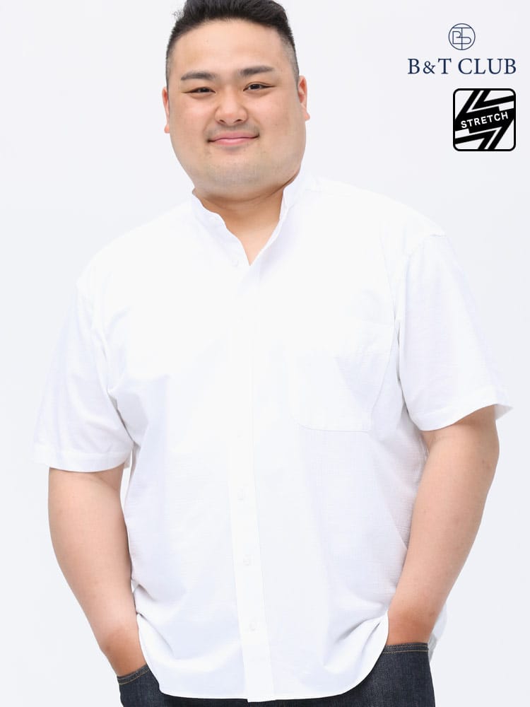 大きいサイズ メンズ B＆T CLUB (ビーアンドティークラブ) ストレッチ サッカー地 バンドカラー ポケット 半袖 ニット シャツ