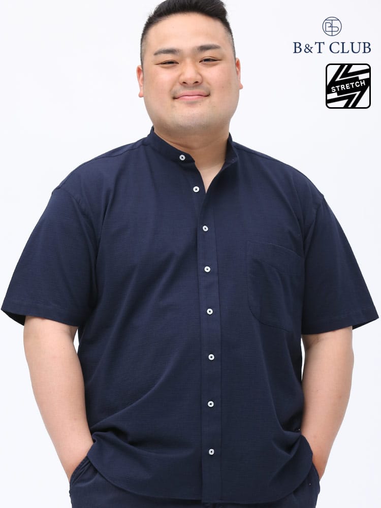 大きいサイズ メンズ B＆T CLUB (ビーアンドティークラブ) ストレッチ サッカー地 バンドカラー ポケット 半袖 ニット シャツ
