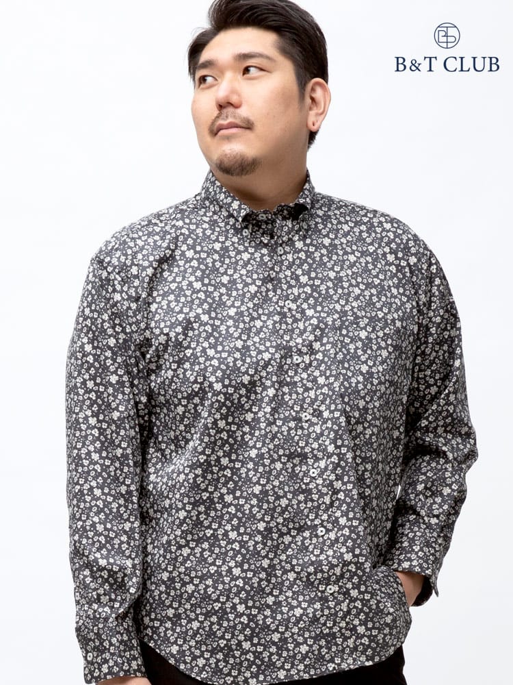 大きいサイズ メンズ B＆T CLUB (ビーアンドティークラブ) ストレッチ 総柄 ボタンダウン 長袖 シャツ