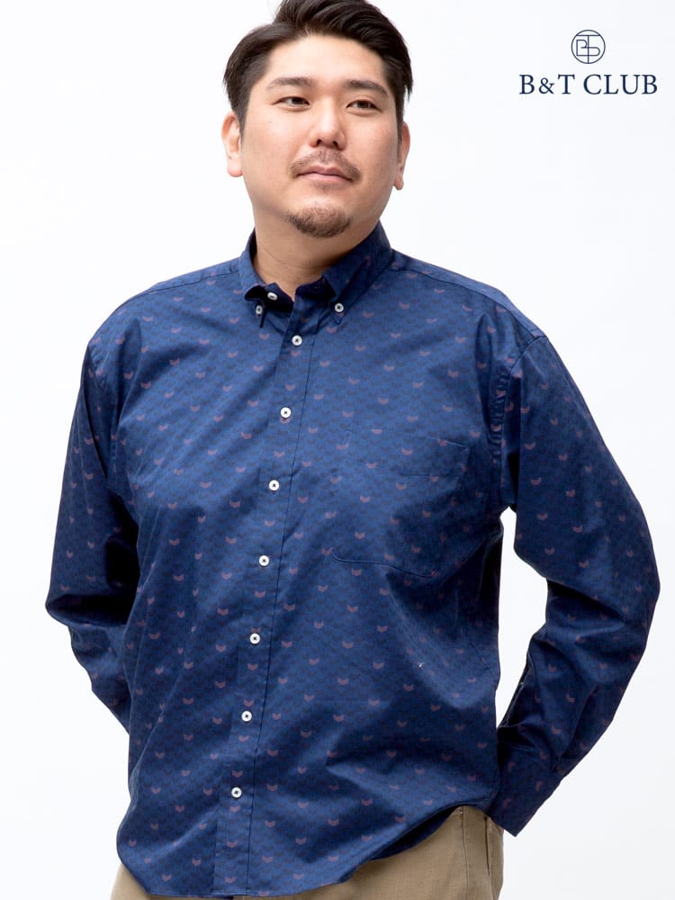 大きいサイズ メンズ B＆T CLUB (ビーアンドティークラブ) ストレッチ 総柄 ボタンダウン 長袖 シャツ