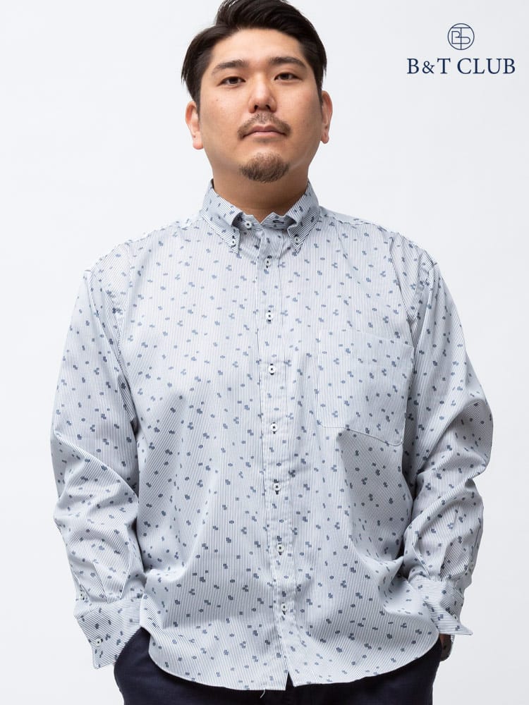 大きいサイズ メンズ B＆T CLUB (ビーアンドティークラブ) ストレッチ 総柄 ボタンダウン 長袖 シャツ
