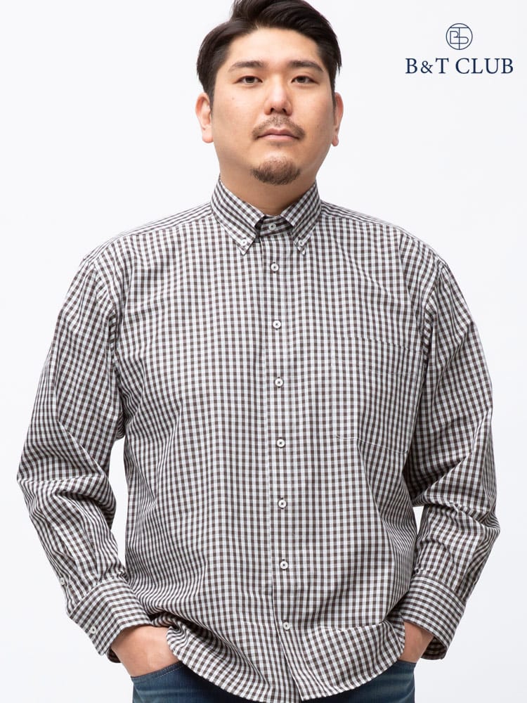 大きいサイズ メンズ B＆T CLUB (ビーアンドティークラブ) 綿100％ ギンガムチェック ボタンダウン 長袖 シャツ