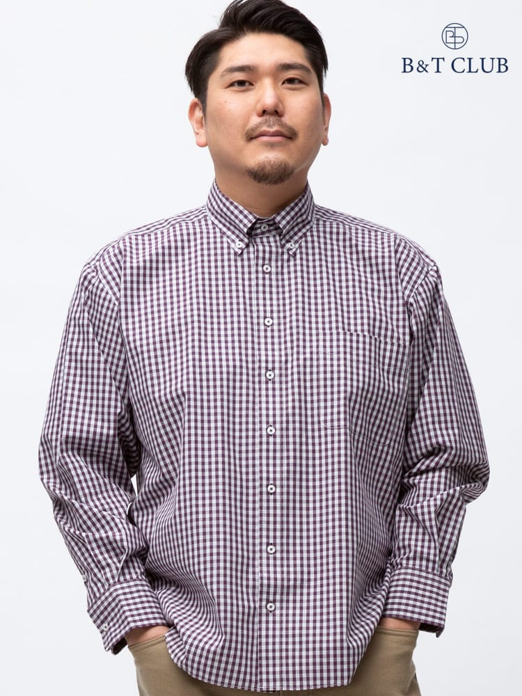 大きいサイズ メンズ B＆T CLUB (ビーアンドティークラブ) 綿100％ ギンガムチェック ボタンダウン 長袖 シャツ