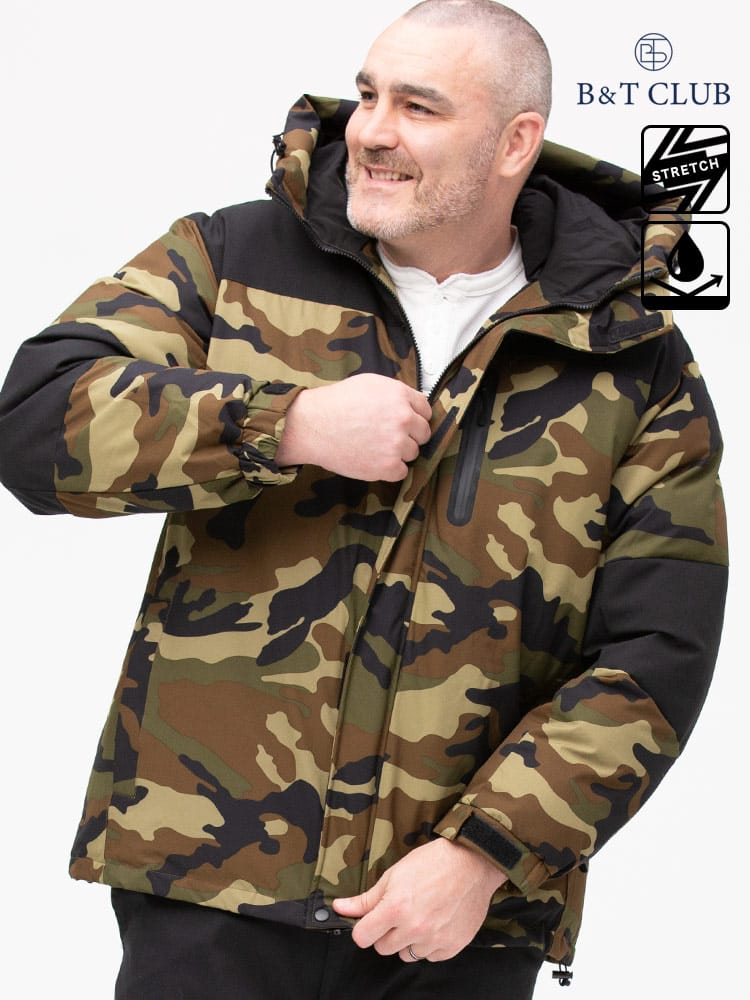 大きいサイズ メンズ B＆T CLUB (ビーアンドティークラブ) ストレッチ 撥水 切り替え フード フルジップ 中綿 ジャケット