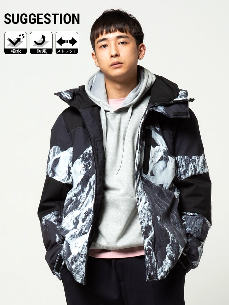 SUGGESTION (サジェスション) ストレッチ 撥水 プリント 切り替え フード フルジップ 中綿 ジャケット