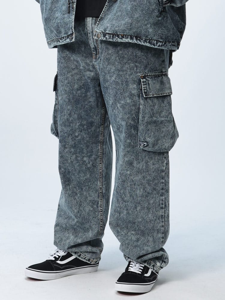 デニムカーゴパンツ ウォッシュ加工 ジップフライ ボトムス ロング ジーパン ジーンズ 大きいサイズ メンズ