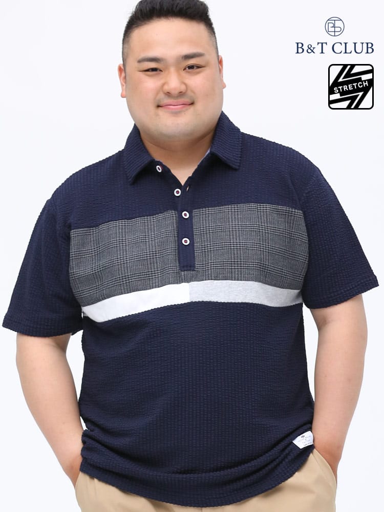 大きいサイズ メンズ B＆T CLUB (ビーアンドティークラブ) サッカー地 切り替え 半袖 ポロシャツ