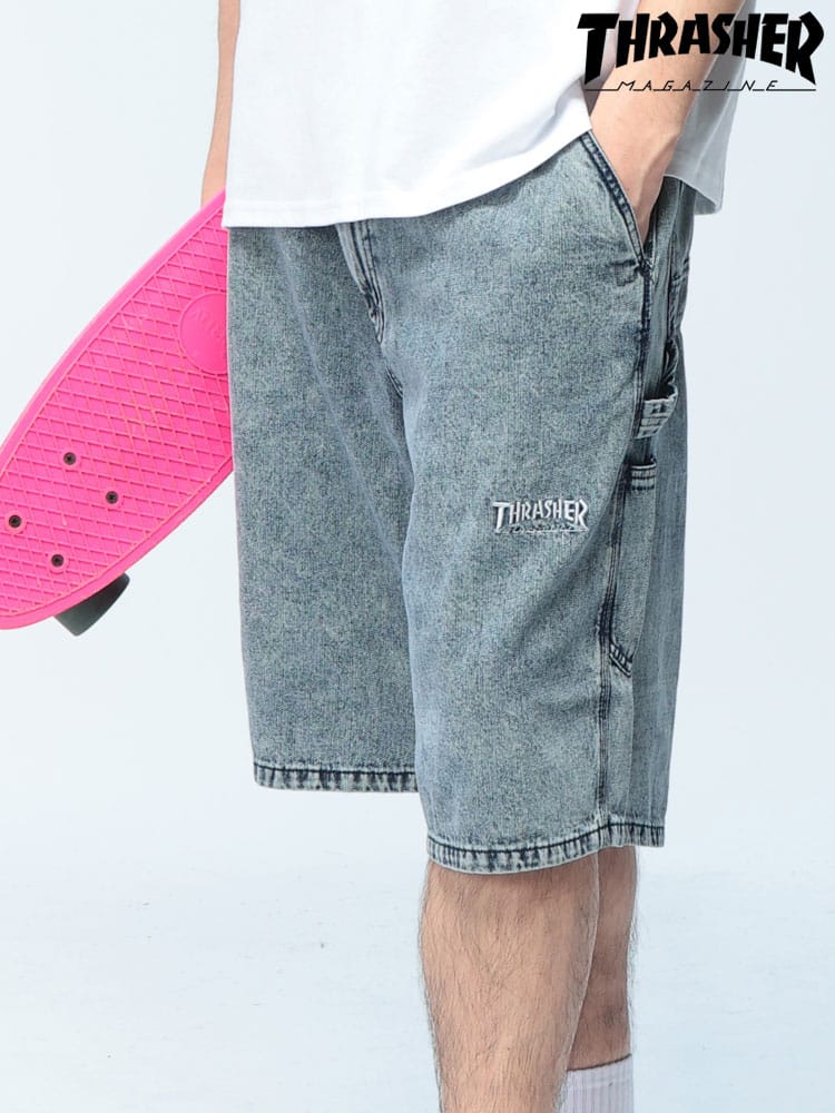 THRASHER (スラッシャー) デニム ショートパンツ ウォッシュ加工 ロゴ刺繍 ワイドシルエット ハーフパンツ ジーンズ