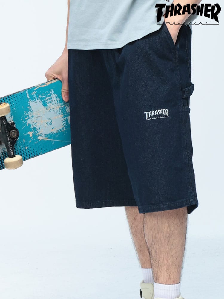 THRASHER (スラッシャー) デニム ショートパンツ ウォッシュ加工 ロゴ刺繍 ワイドシルエット ハーフパンツ ジーンズ