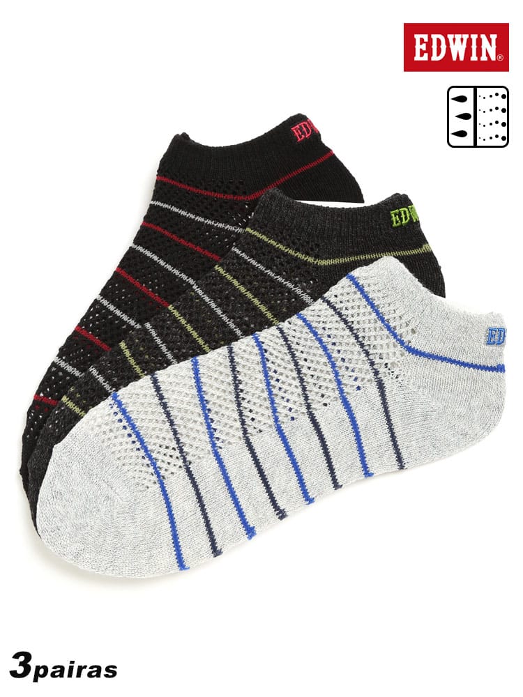 大きいサイズ メンズ EDWIN (エドウィン) COOL 消臭 吸水速乾 ルミー編み ボーダー アンクル丈 ソックス 靴下 3足セット
