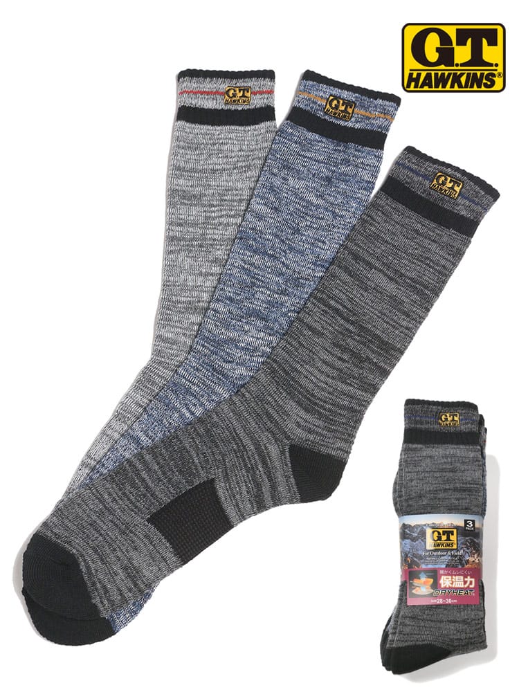 大きいサイズ メンズ G.T.HAWKINS (ジーティーホーキンス) 保温 ライン ロゴ クルーソックス 靴下 3足セット