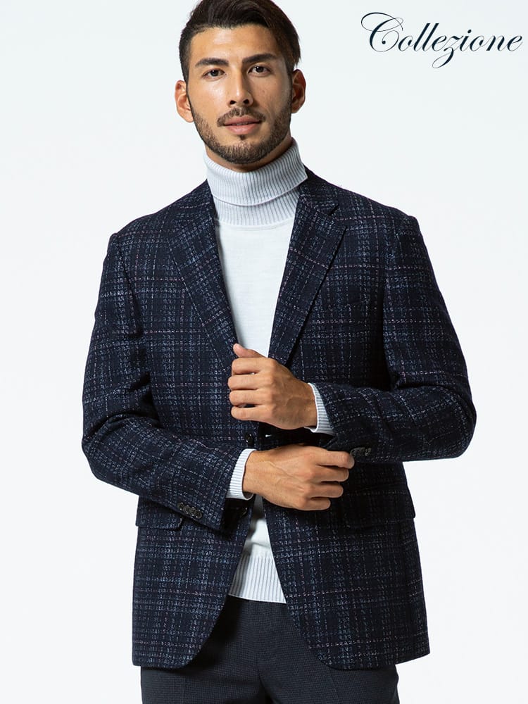 在庫処分 返品交換不可 COLLEZIONE (コレツィオーネ) FORTEX ウール混 チェック シングル 2ツ釦 ジャケット