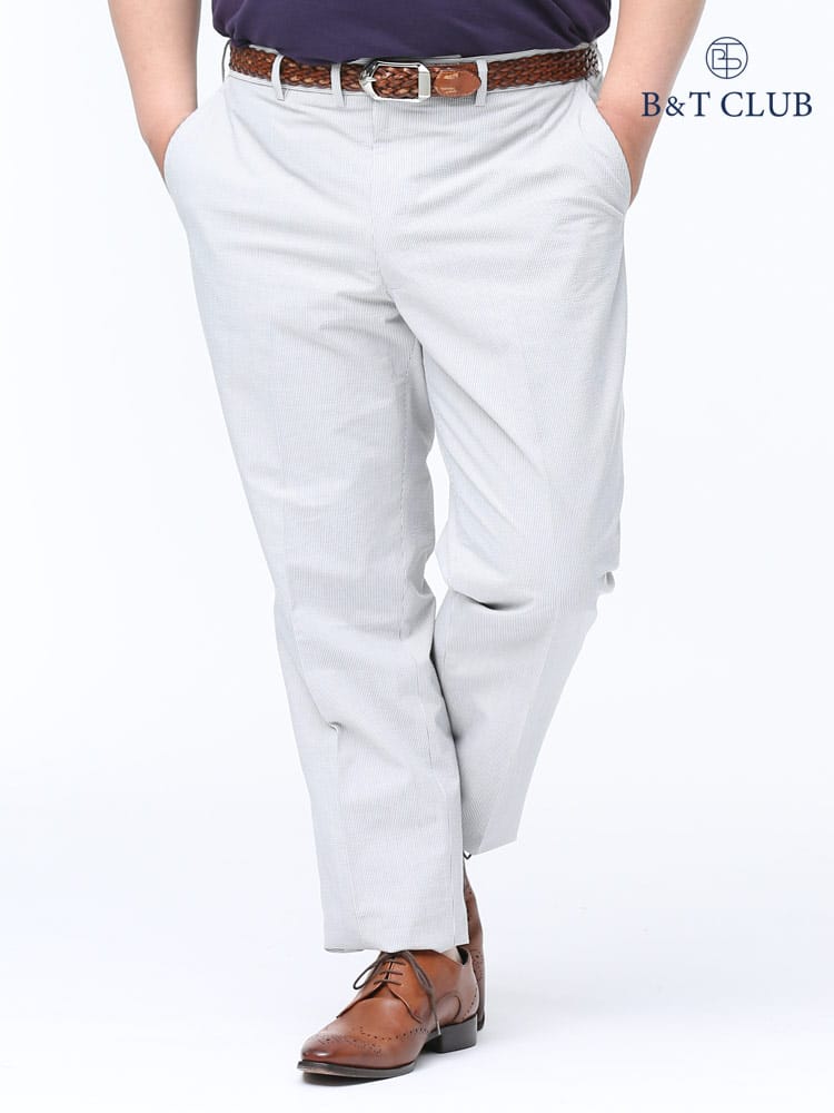 大きいサイズ メンズ B＆T CLUB (ビーアンドティークラブ) 春夏対応 麻混 シアサッカー 細ストライプ ノータック スラックス GRAY