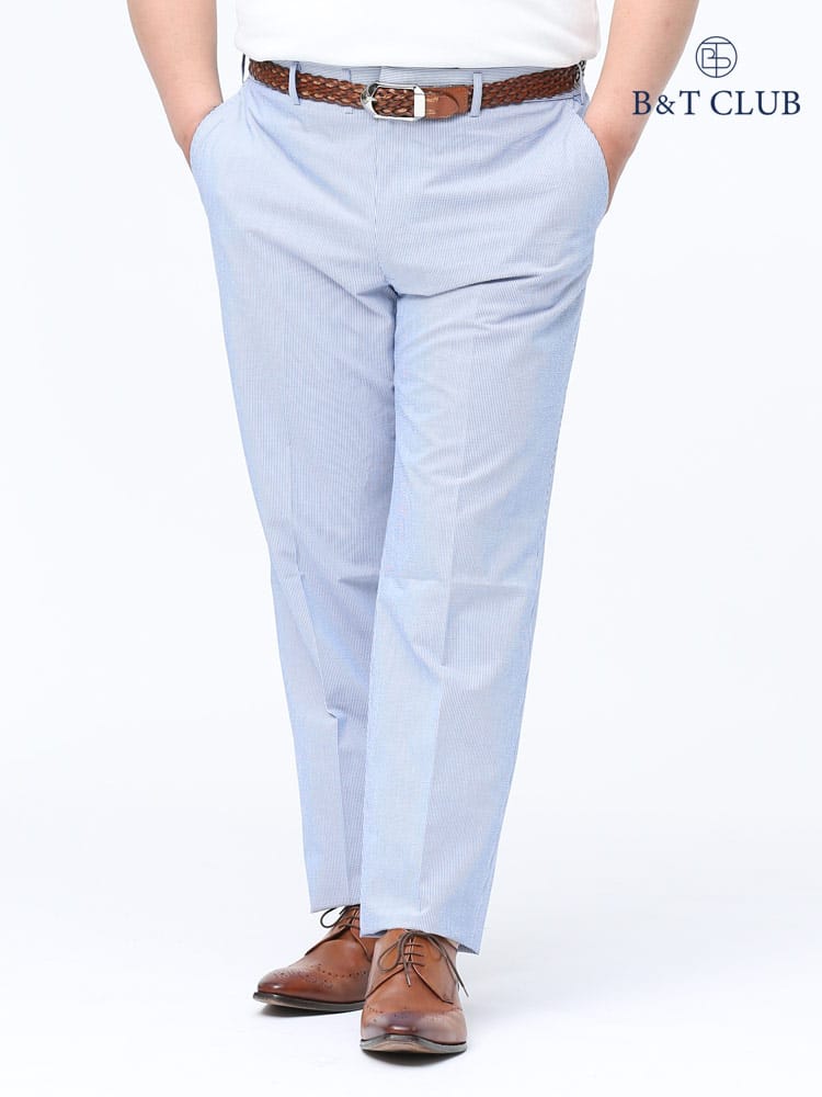 大きいサイズ メンズ B＆T CLUB (ビーアンドティークラブ) 春夏対応 麻混 シアサッカー 細ストライプ ノータック スラックス BLUE