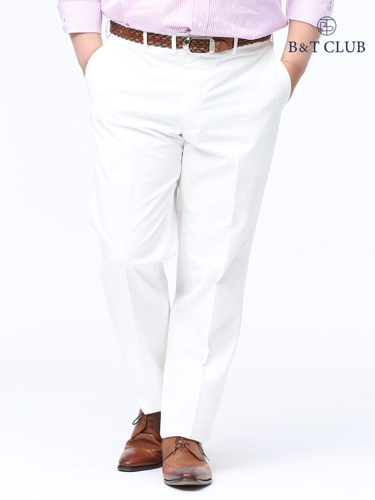 大きいサイズ メンズ B＆T CLUB (ビーアンドティークラブ) 春夏対応 麻混 シアサッカー 無地 ノータック スラックス WHITE