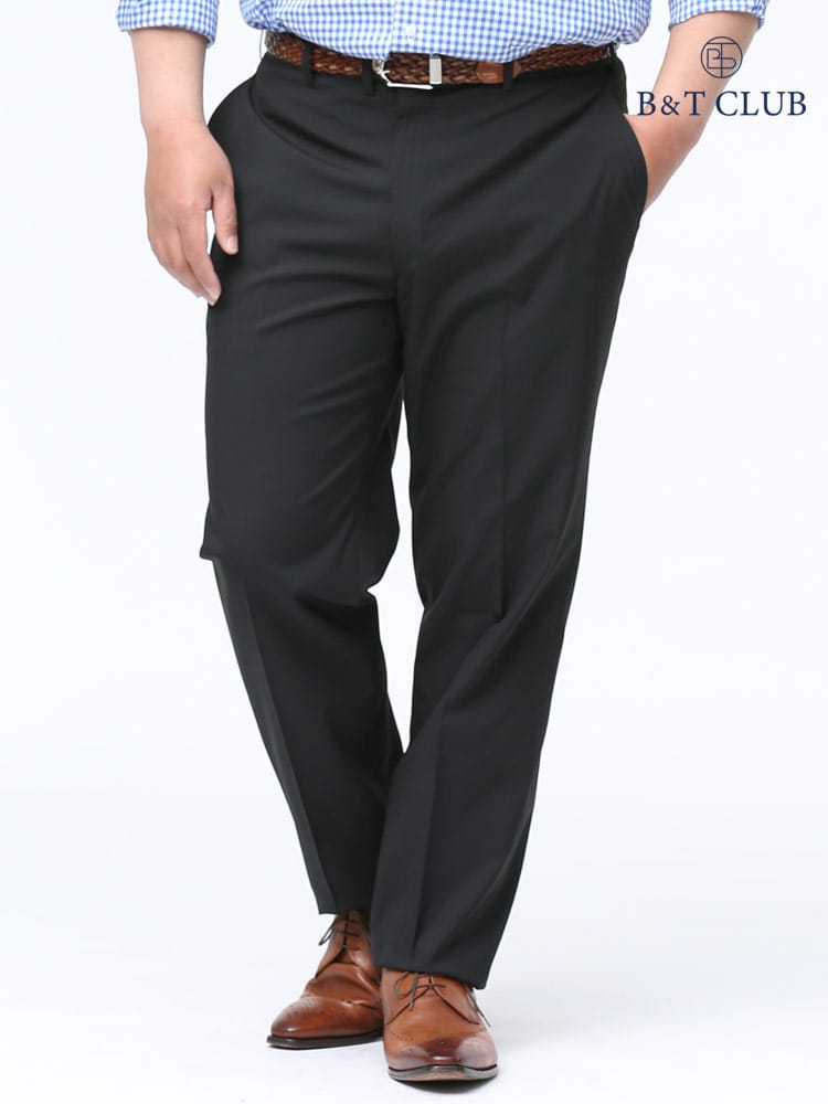 大きいサイズ メンズ B＆T CLUB (ビーアンドティークラブ) 春夏対応 無地 股ずれ防止 シック付き ノータック スラックス BLACK