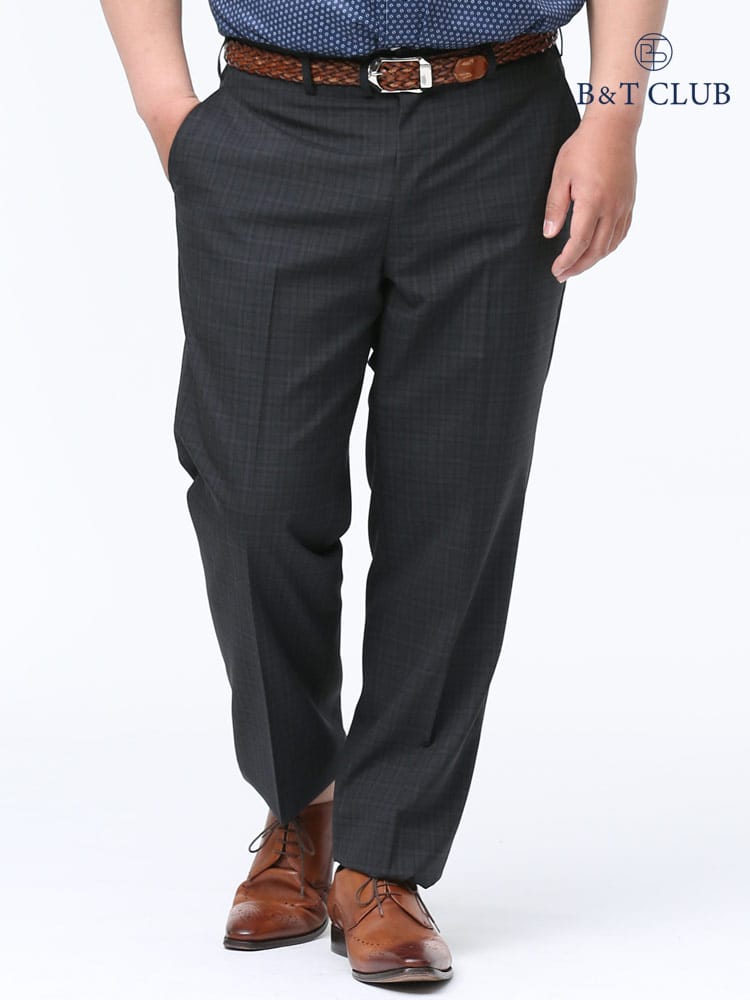 大きいサイズ メンズ B＆T CLUB (ビーアンドティークラブ) 春夏対応 ウール混 チェック柄 ノータック スラックス GRAY