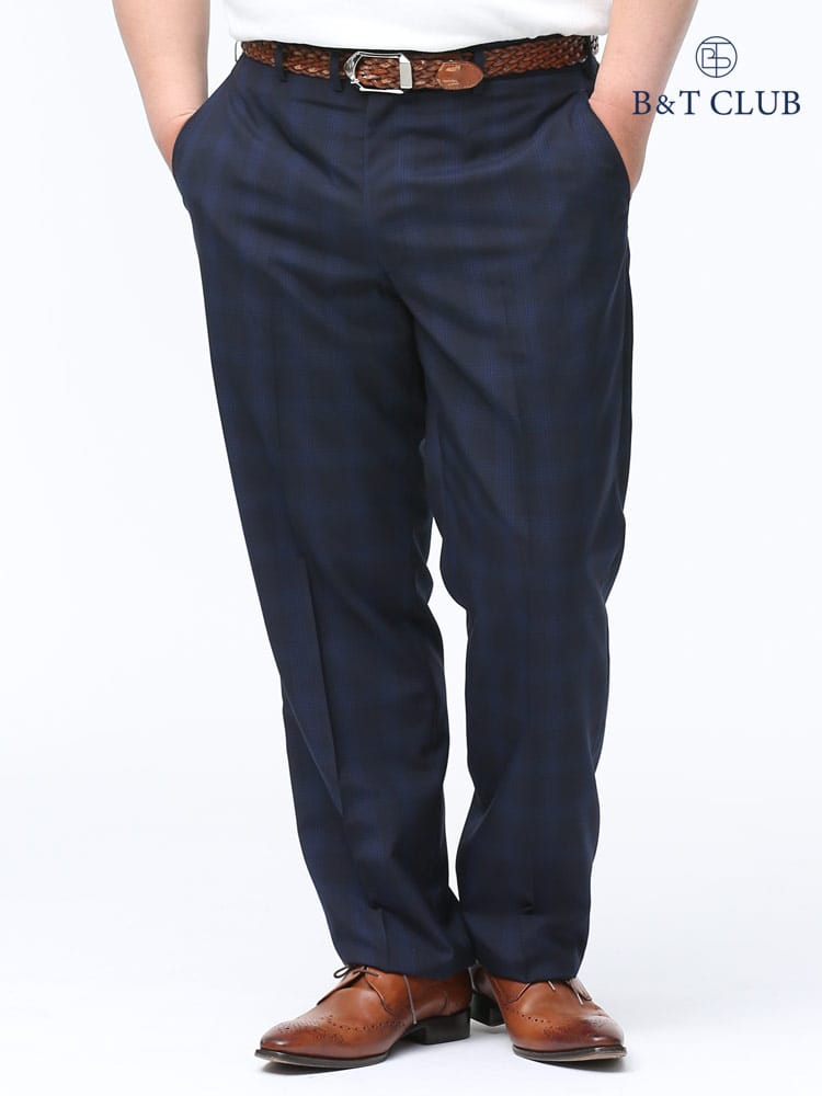 大きいサイズ メンズ B＆T CLUB (ビーアンドティークラブ) 春夏対応 ウール混 チェック柄 股ずれ防止 シック付き ノータック スラックス NAVY