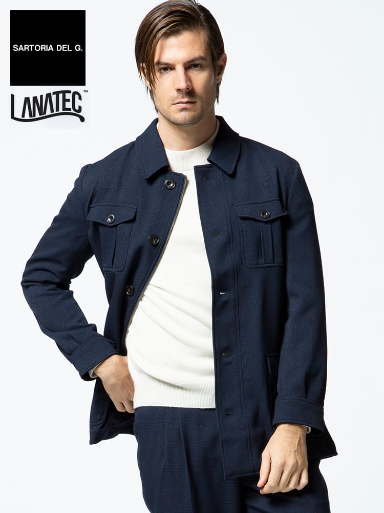 SARTORIA DEL GROSSO (サルトリアデルグロッソ) ラナテック ウォッシャブル ストレッチ チェック ポケット シャツジャケット NAVY