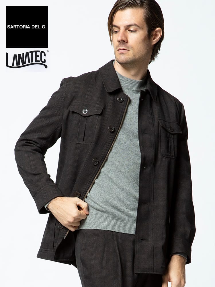 SARTORIA DEL GROSSO (サルトリアデルグロッソ) ラナテック ウォッシャブル ストレッチ チェック ポケット シャツジャケット DARKBROWN