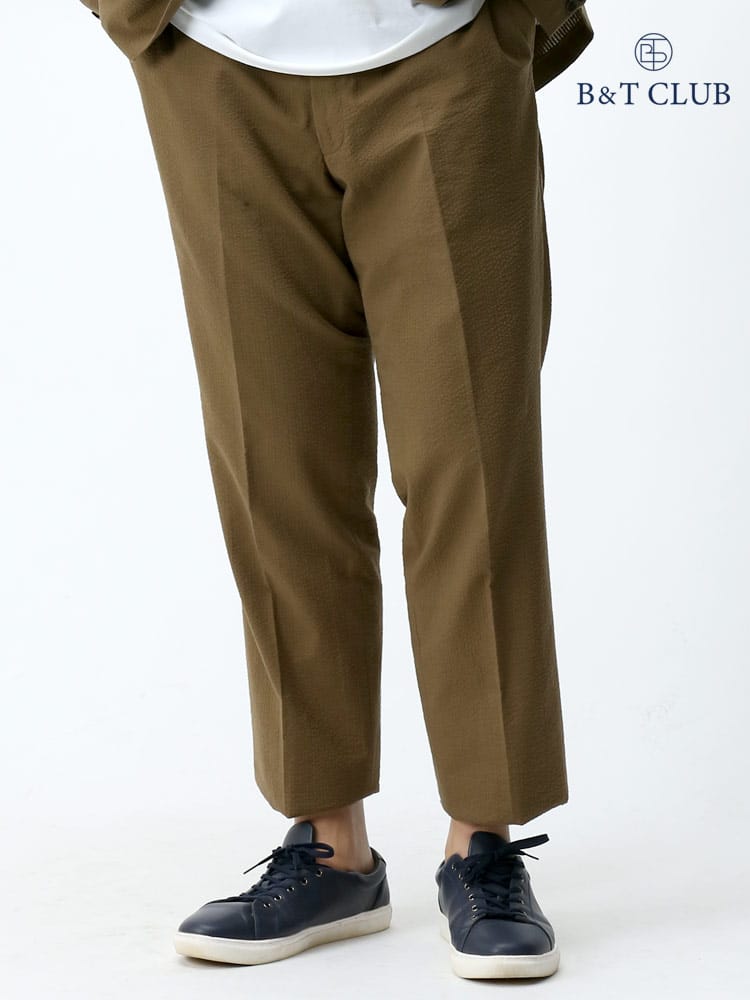 大きいサイズ メンズ B＆T CLUB 春夏 シアサッカー 無地 股ずれ防止 シック付き ノータック スラックス