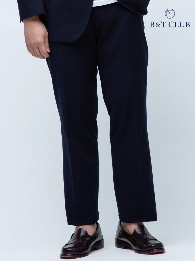 大きいサイズ メンズ B＆T CLUB 春夏 シアサッカー 無地 股ずれ防止 シック付き ノータック スラックス