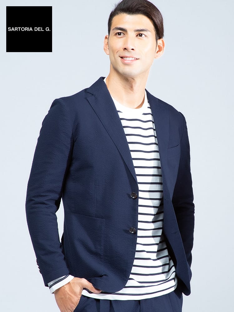 在庫処分 返品交換不可 SARTORIA DEL GROSSO (サルトリアデルグロッソ) 春夏 制菌 シアサッカー シングル 2ツ釦 ジャケット