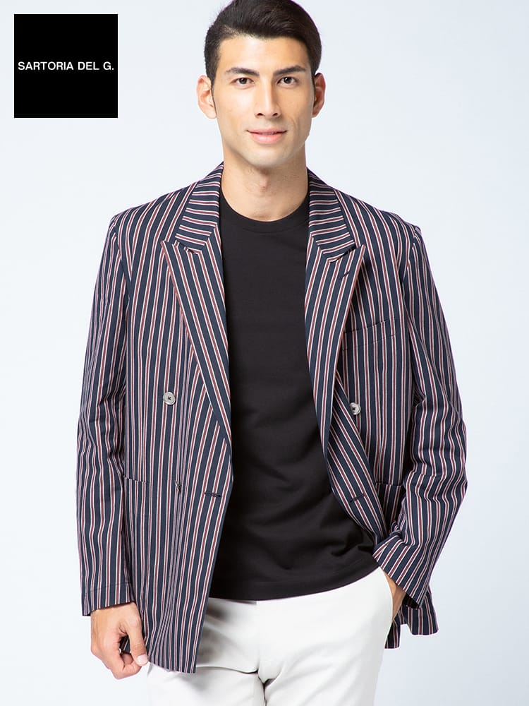 在庫処分 返品交換不可 SARTORIA DEL GROSSO (サルトリアデルグロッソ) 春夏 綿100％ アイビーストライプ ダブル 4ツ釦 ジャケット