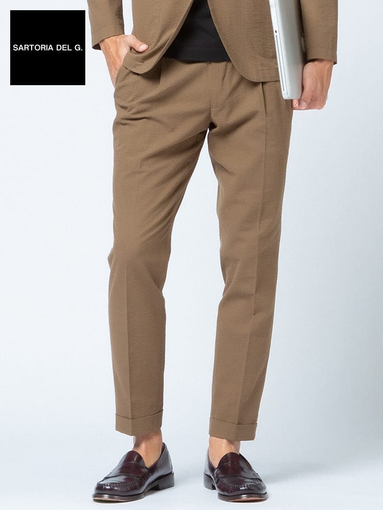 在庫処分 返品交換不可 SARTORIA DEL GROSSO (サルトリアデルグロッソ) 春夏 シアサッカー シャーリング ツータック パンツ