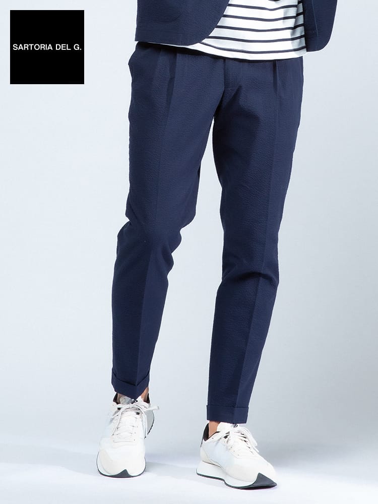 在庫処分 返品交換不可 SARTORIA DEL GROSSO (サルトリアデルグロッソ) 春夏 シアサッカー シャーリング ツータック パンツ