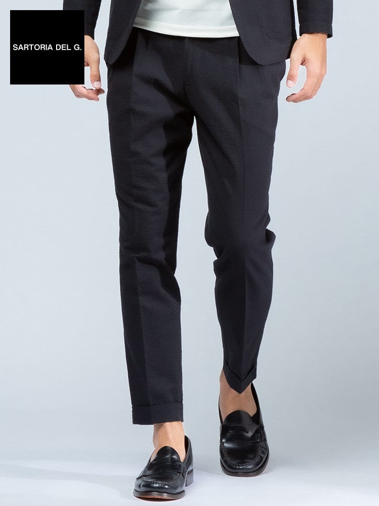 在庫処分 返品交換不可 SARTORIA DEL GROSSO (サルトリアデルグロッソ) 春夏 シアサッカー シャーリング ツータック パンツ