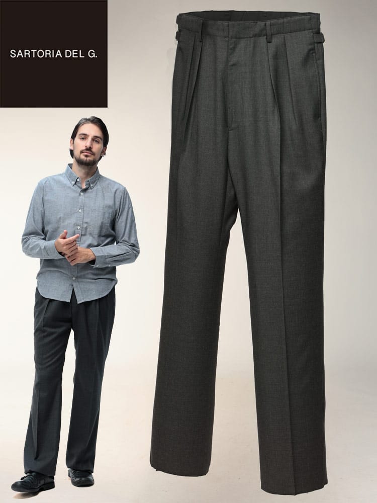 スラックス2本同時購入2200円引き対象商品 ツータック スラックス Luxs サキソニー 無地 両サイドベルト スーツパンツ ウール メンズ ビジネス 紳士 SARTORIA DEL GROSSO