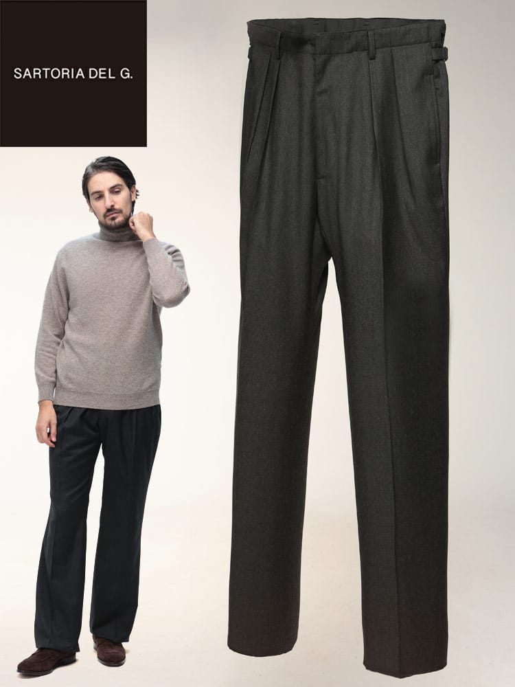 スラックス2本同時購入2200円引き対象商品 ツータック スラックス Luxs サキソニー 無地 両サイドベルト スーツパンツ ウール メンズ ビジネス 紳士 SARTORIA DEL GROSSO