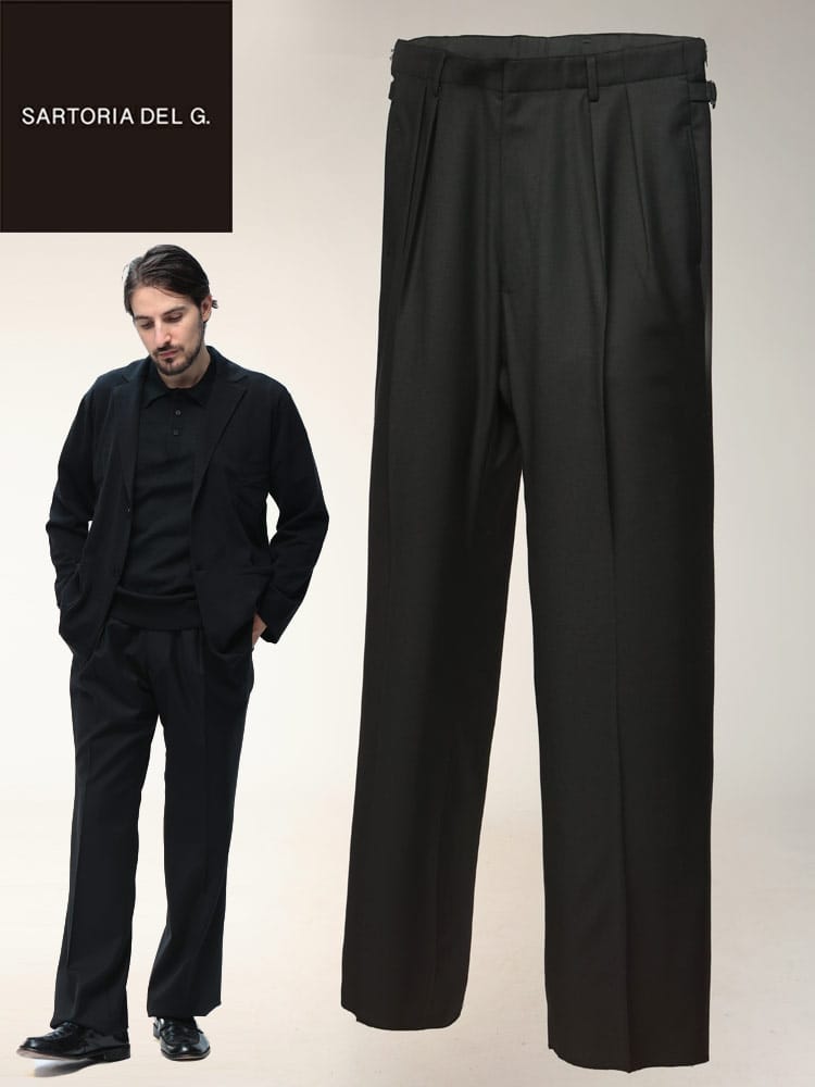 スラックス2本同時購入2200円引き対象商品 ツータック スラックス Luxs サキソニー 無地 両サイドベルト スーツパンツ ウール メンズ ビジネス 紳士 SARTORIA DEL GROSSO
