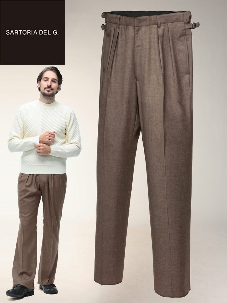 スラックス2本同時購入2200円引き対象商品 ツータック スラックス Luxs サキソニー 無地 両サイドベルト スーツパンツ ウール メンズ ビジネス 紳士 SARTORIA DEL GROSSO