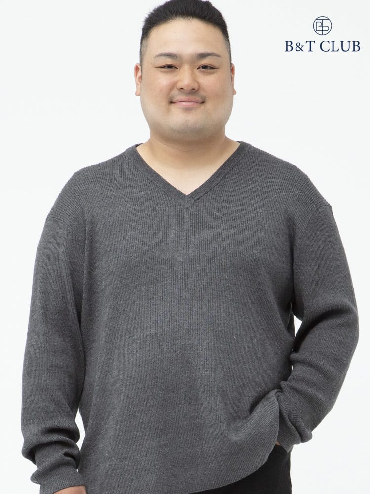 大きいサイズ メンズ B＆T CLUB (ビーアンドティークラブ) 綿混 リブ編み Vネック 長袖 セーター