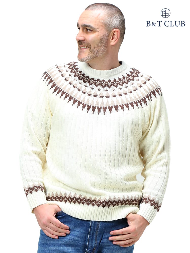 大きいサイズ メンズ B＆T CLUB (ビーアンドティークラブ) ウォッシャブル ウール混 畦編み ノルディック クルーネック セーター