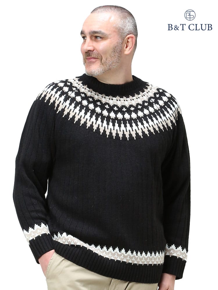 大きいサイズ メンズ B＆T CLUB (ビーアンドティークラブ) ウォッシャブル ウール混 畦編み ノルディック クルーネック セーター